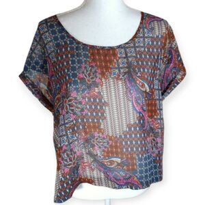 XHILARATION BLUE, PINK, & RUST SHEER BLOUSE SZ.L EUC.